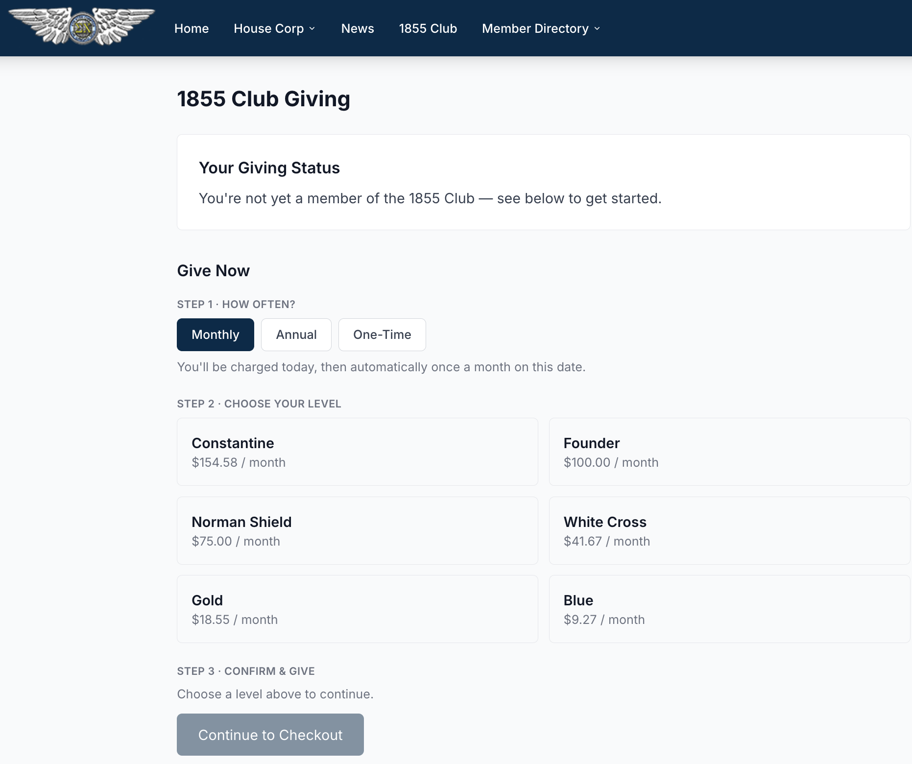 The 1855 Club Giving page: a Your Giving Status panel, followed by a three-step Give Now flow — choose Monthly, Annual, or One-Time; pick a level from Constantine at $154.58 a month down to Blue at $9.27; then continue to checkout